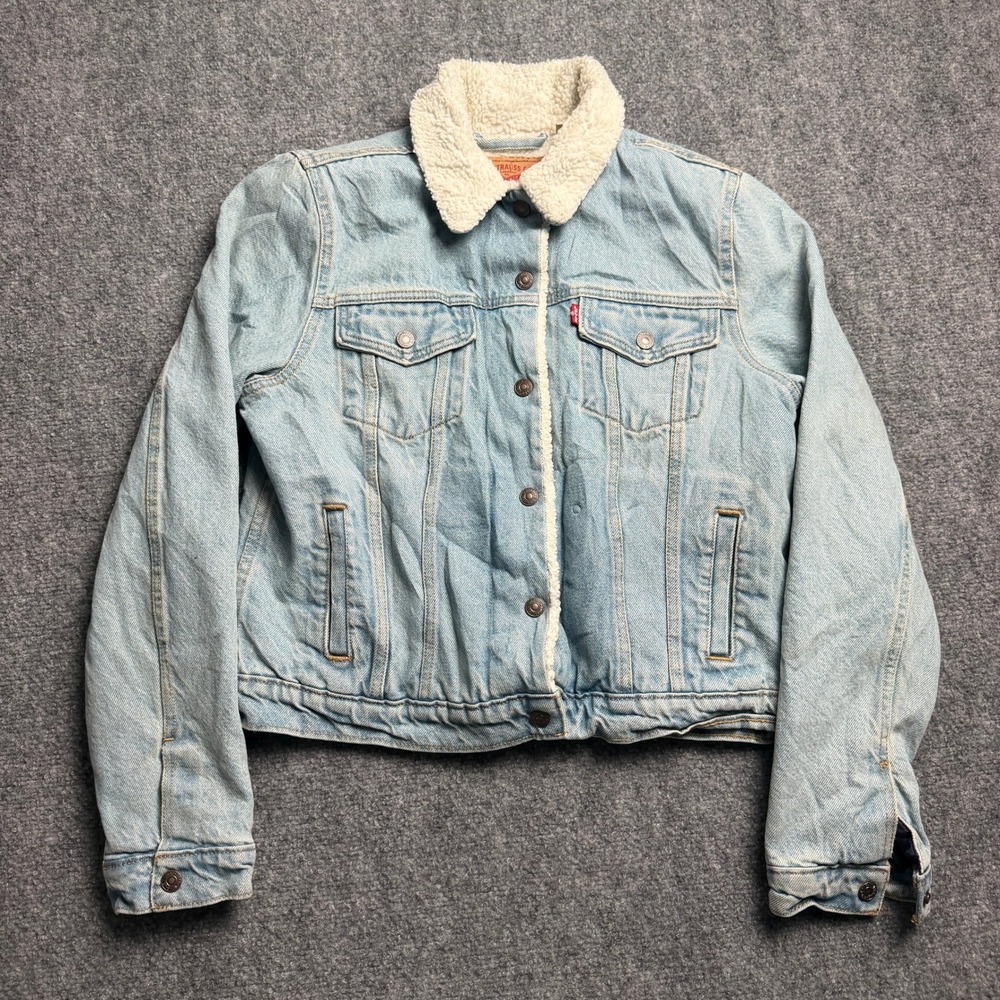 Levis Sherpa Lined Trucker Jacket Light Wash Denim Faux Fur Size M